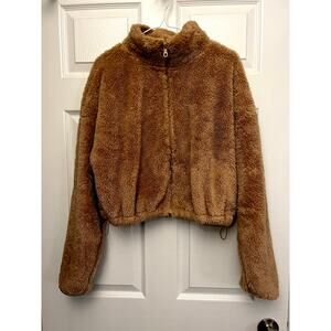 Aerie Offline Sherpa Cropped Jacket Pants Set‎ Womens Large Soft Cozy Brown
